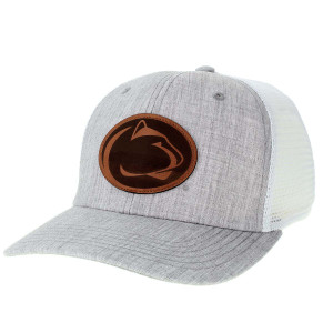 melange gray trucker hat with white mesh back and Penn State Athletic Logo on leather patch